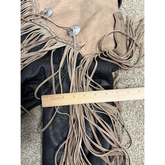 VTG UNIK Jacket Womens Medium Black Tan Leather Fringe Western Motorcycle Chaps - Picture 16 of 16